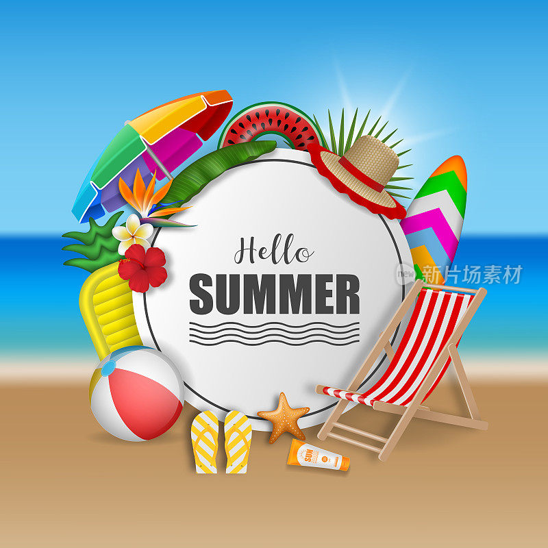Hello summer poster with summer elements on beach background